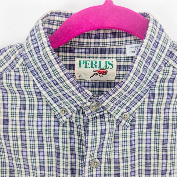 Perlis Seersucker Shirt Men's Medium Short Sleeve Button Down Blue Green Stripes - Picture 2 of 13